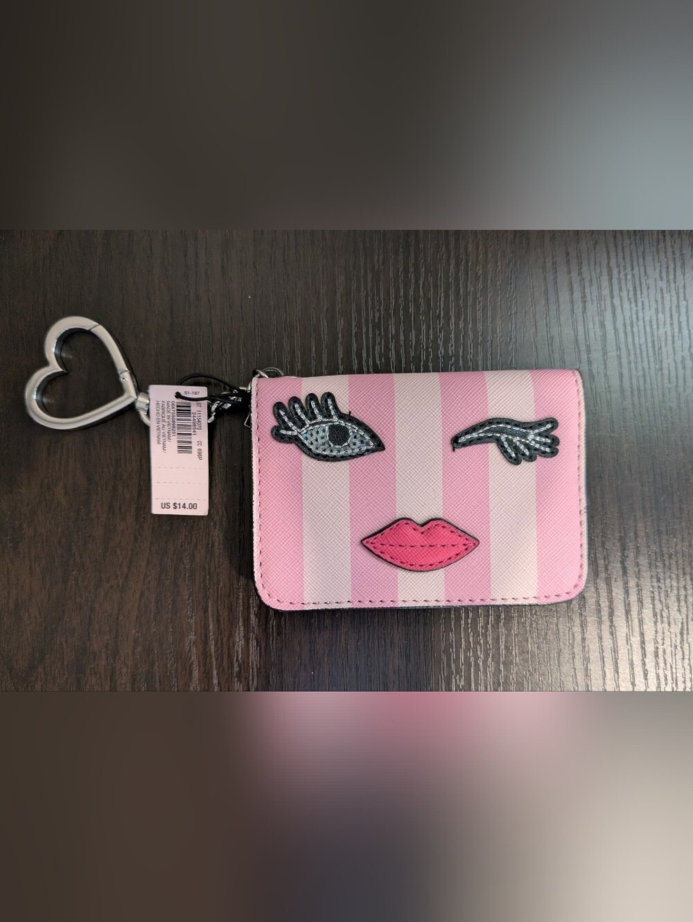 Victoria's Secret Pink Stripe Wallet with Playful Face Appliqué